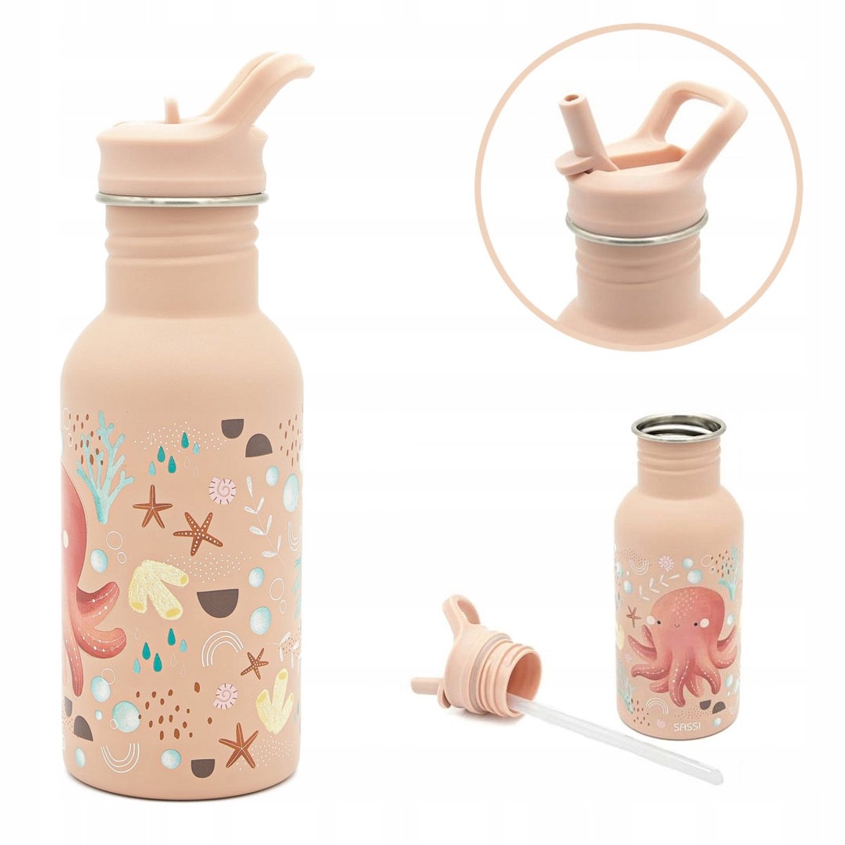 SASSI Kinder Waterfles met Rietje - 500ml - Octopus Design