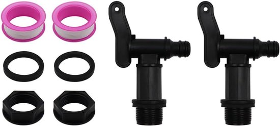 Allecto plus - Zwarte regenemmer uitloopkraan 2 stuks voor tuinieren en wateropslag met waterdichte afdichtingstape. Perfect voor regenton, watervat en tuin.