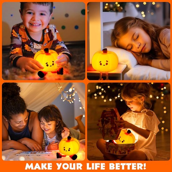 Schattige Pompoen Nachtlamp - Van Zachte Silicone, Veilig - Dimbaar via Aanraking, Oplaadbaar - Gezellig Slaapkamernachtlicht - Ook voor Halloween - Oranje - 1 stuk van Flowies — afbeelding 3