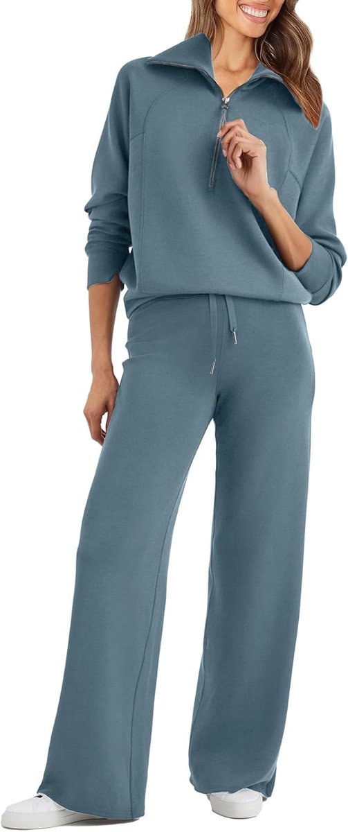 Oversized 2-delige dames sweatshirt set met halve rits en brede been lounge set
