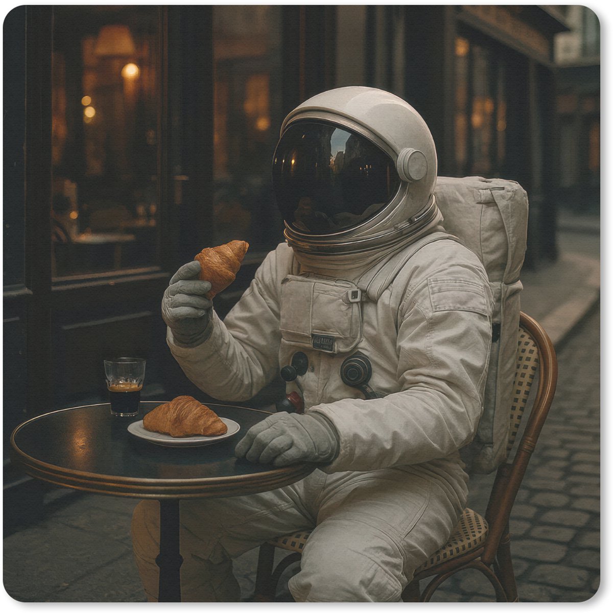 Muismat 30x30 cm - Mousepad Café - Croissant - Koffie - Astronaut - Muismatten