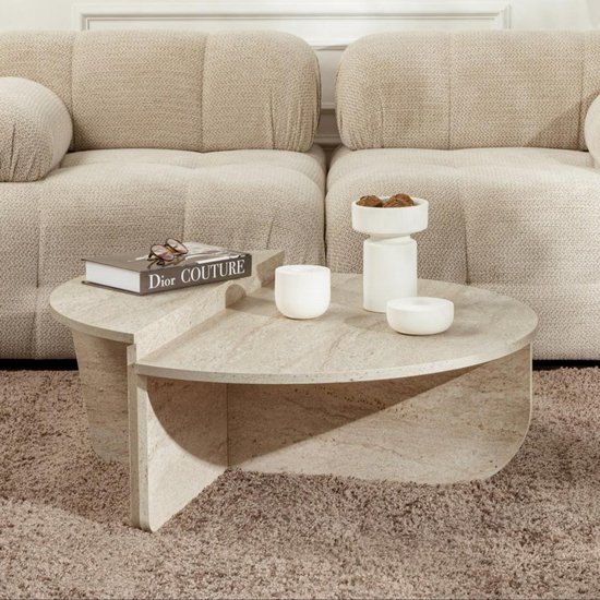 Set de 2 tables basses - Effet travertin beige - ALOEVA L 90 cm x H 30 cm x P 60 cm