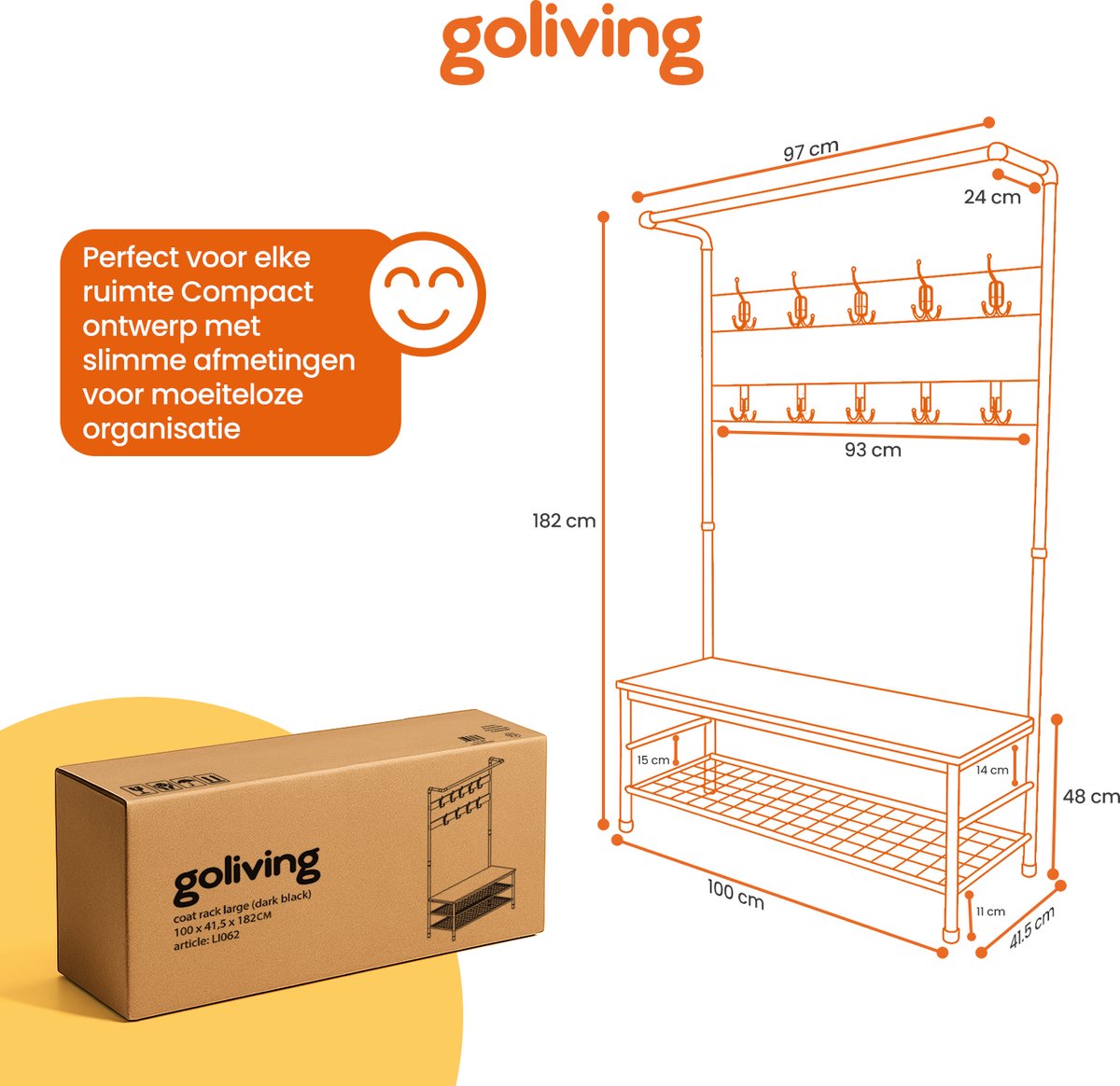 Goliving Kapstok XL – Garderoberek – Schoenenrek – Kledingrek – Staand – Industriële kast – Metaal/Hout – 100 x 41.5 x 182 cm – Zwart – foto 3