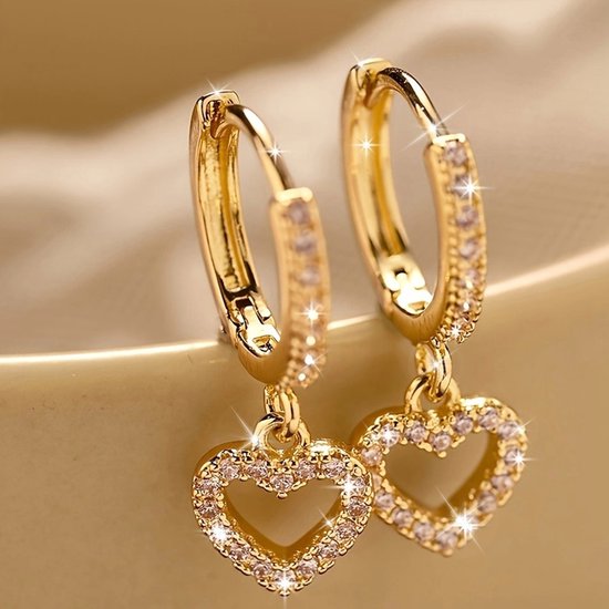 Sjika - Boucles d'oreilles cœur Trendy - Boucles d'oreilles dorées avec pierres - Cadeau Perfect - Zirconium - Pour elle