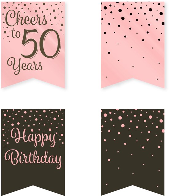Roze en zwarte vlaggetjes met stippen. Eén met 'Cheers to 50 Years', de ander met 'Happy Birthday'.