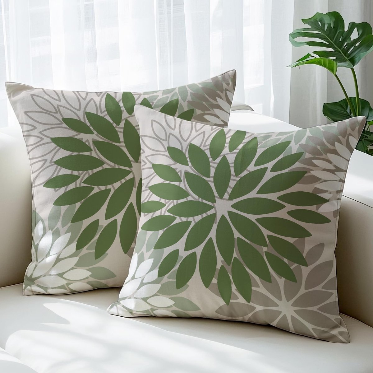 Unyqoos Set van 2 decoratieve kussenhoezen met modern bloemendessin voor binnen en buiten Groen/Grijs