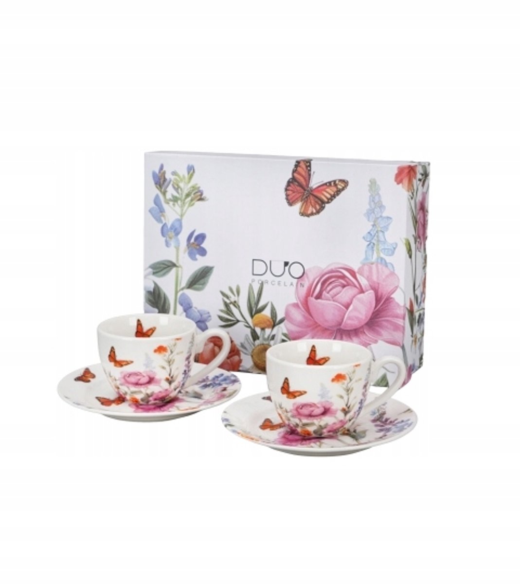 Duo Espressokopjes met Schotels (2 stuks) - Zomerbloemen, 90ml