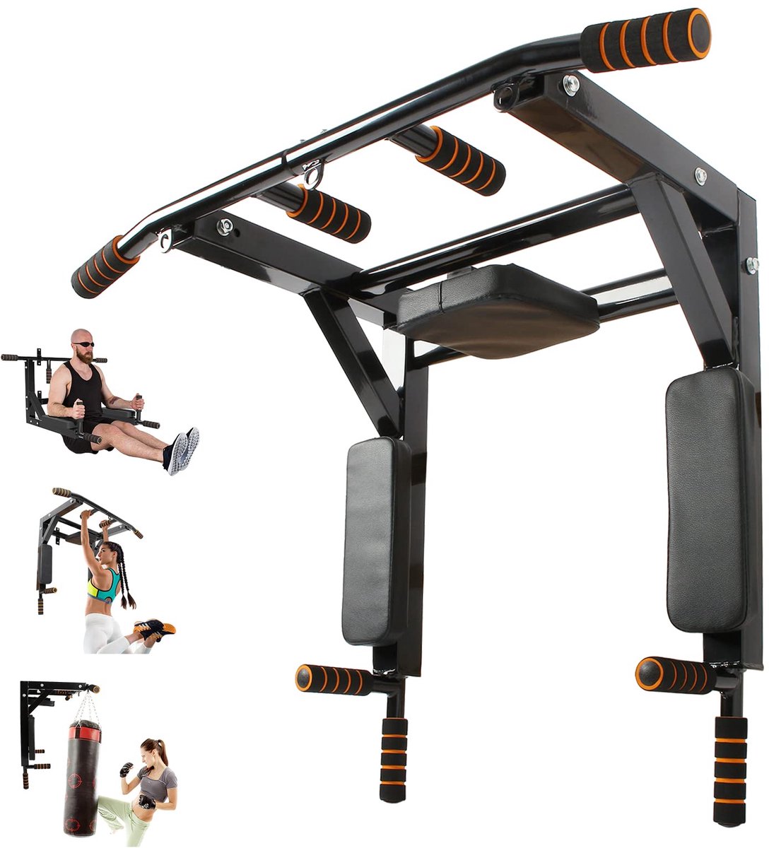Unyqoos® Wandgemonteerde optrekstang met 8 antislip handgrepen voor veelzijdige training