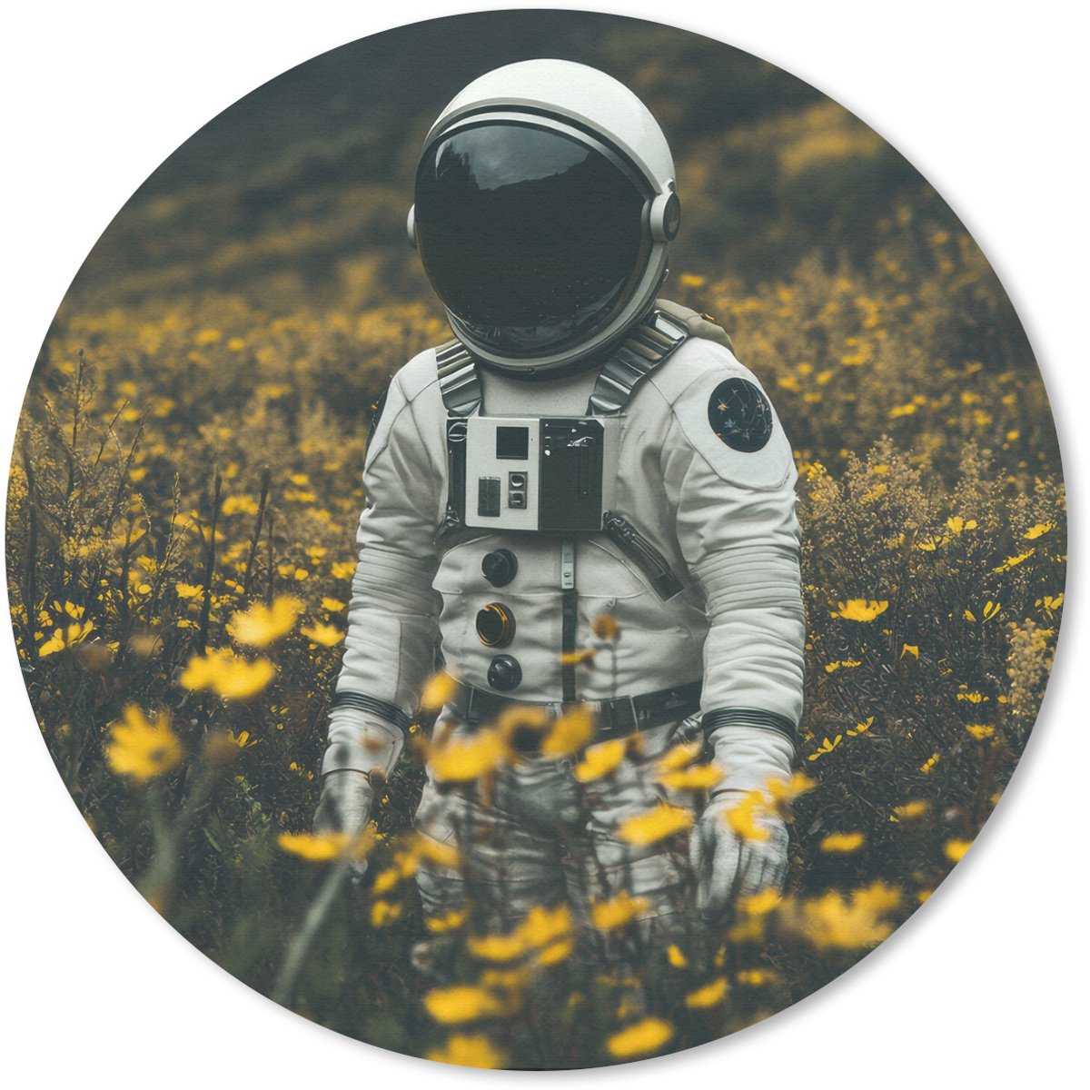Muismat rond 40x40 cm - Mousepad Astronaut - Bloemen - Veld - Geel - Ronde muismatten