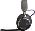 Zwarte JBL gaming headset met paarse touwtjes en chrome rand.
