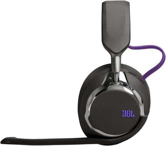 Zwarte JBL gaming headset met paarse touwtjes en chrome rand.