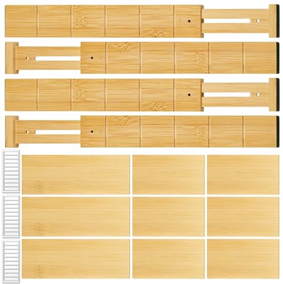 Bamboe lade organizer met verstelbare verdelers en label stickers ...