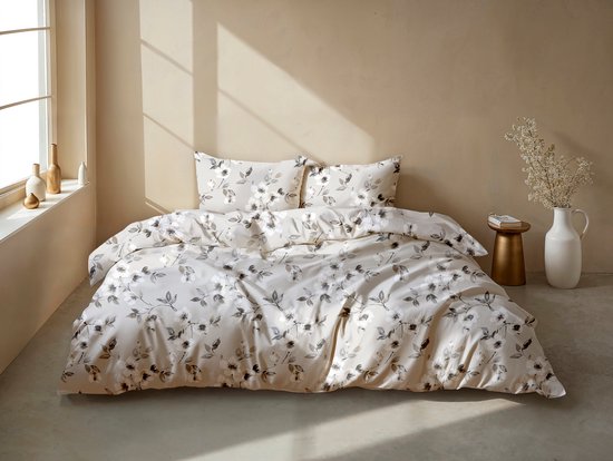 Housse de couette Zohome Ines - Grijs - Double - Housse de couette 100% Katoen- Flanelle - Fleurs - 260x220 + 2 taies d'oreiller 60/70 cm