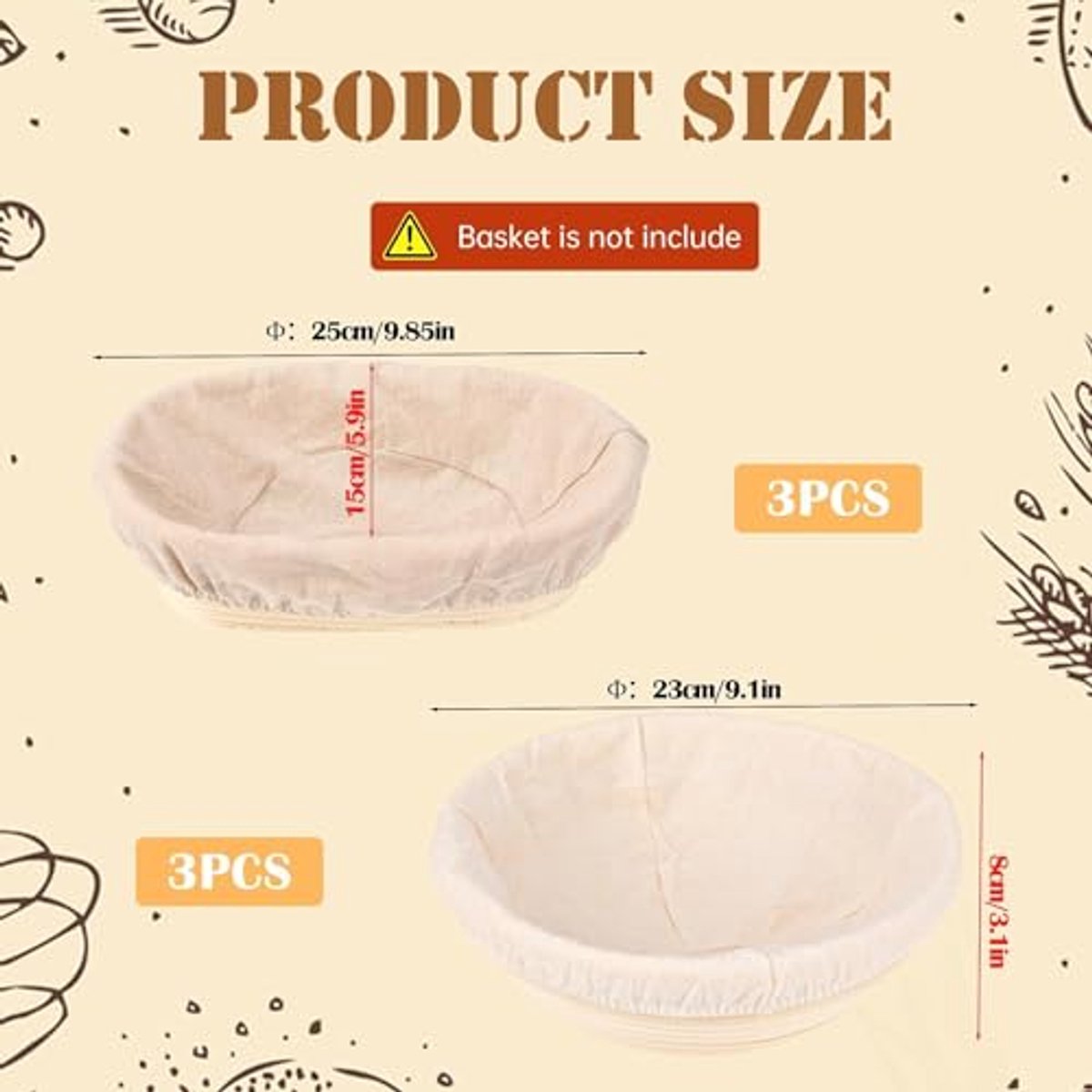 Brood Mand Liner Doek Set van 3 - Natuurlijke Rotan Vulling voor Perfect Brood Bakken