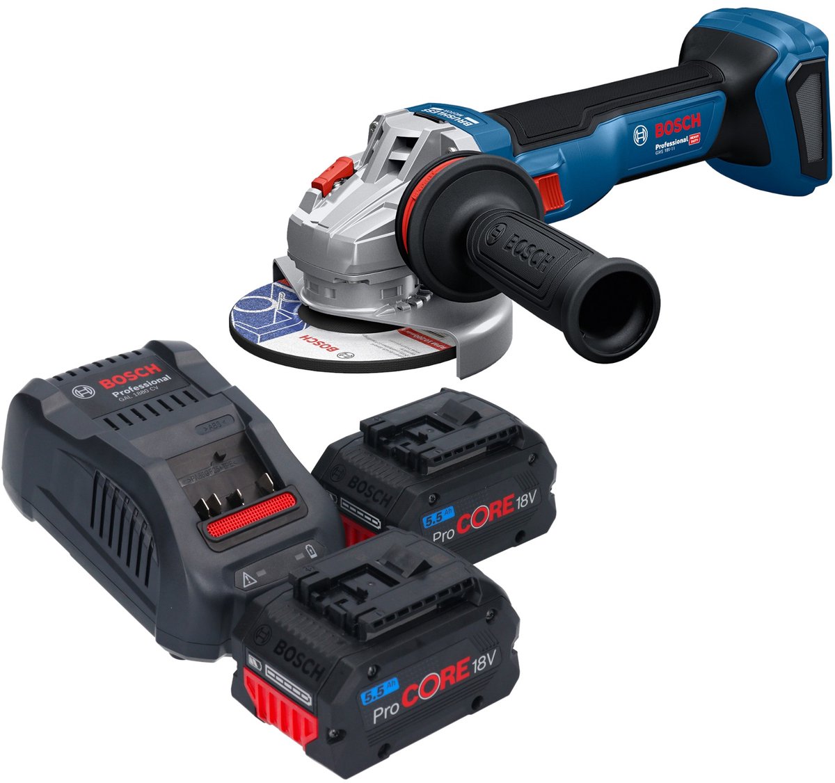 Bosch GWS 18V-11 Professional accu haakse slijper 18 V 125 mm + 2x ProCORE accu 5,5 Ah + oplader
