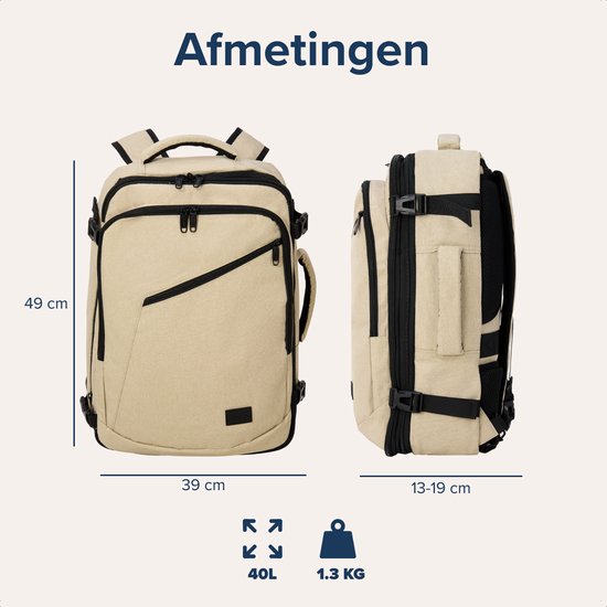 Afmetingen van de beige rugzak: 49 cm hoog, 39 cm breed, 13-19 cm diep, 40L, 1.3 KG.