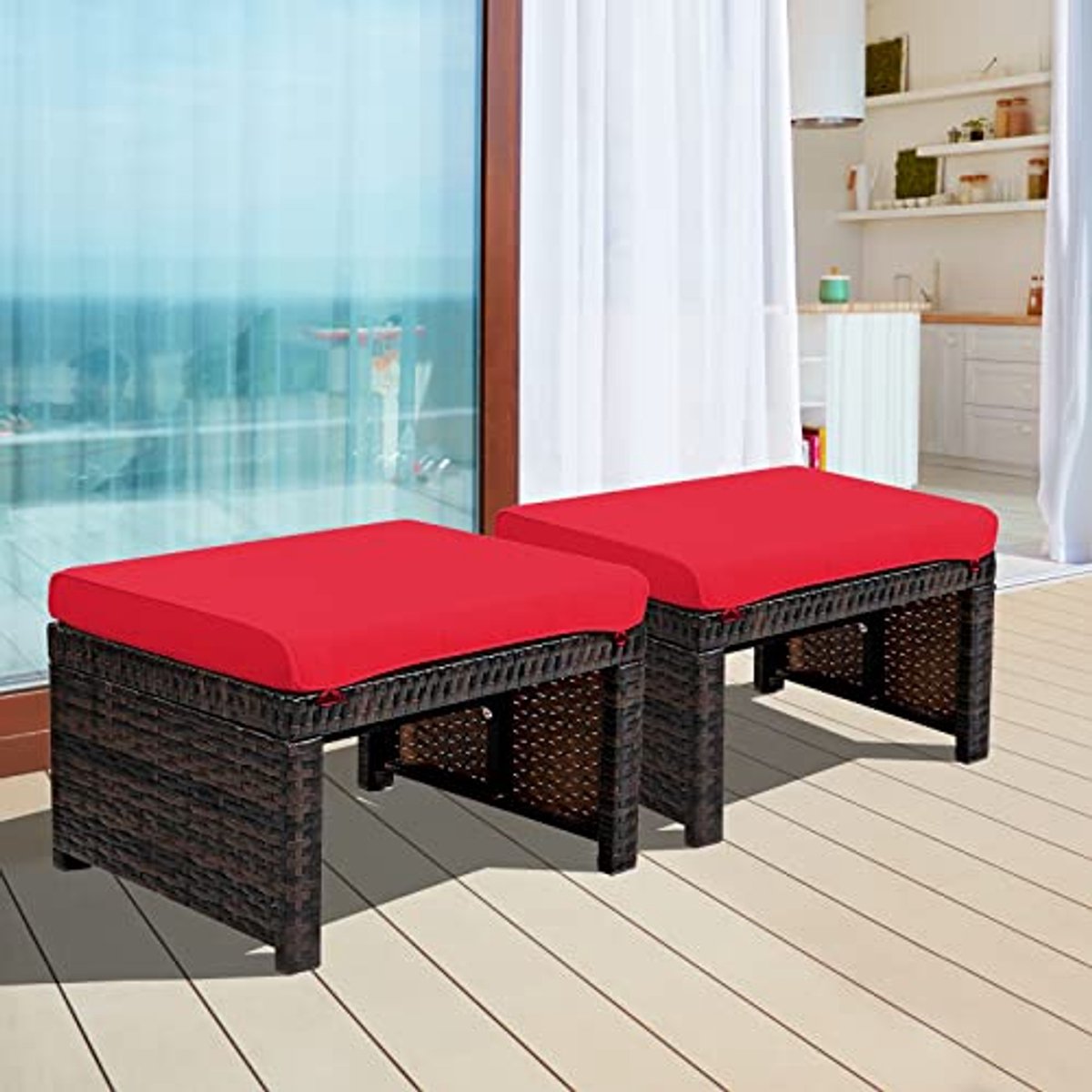 Set van 2 Weerbestendige Rieten Voetenbankjes met Afneembare Kussens voor Terras en Tuin