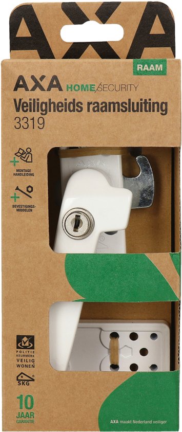 Doos met witte AXA raamsluiting, met "Veiligheids raamsluiting 3319" opdruk.