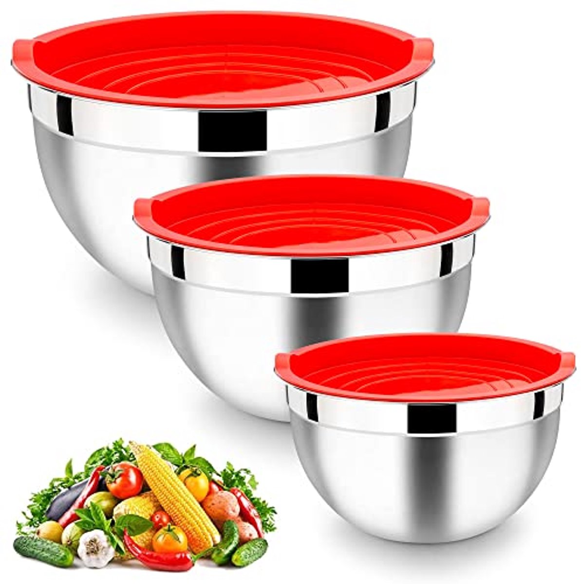 Mixkommen Set van 3 Stuks - Rood, RVS