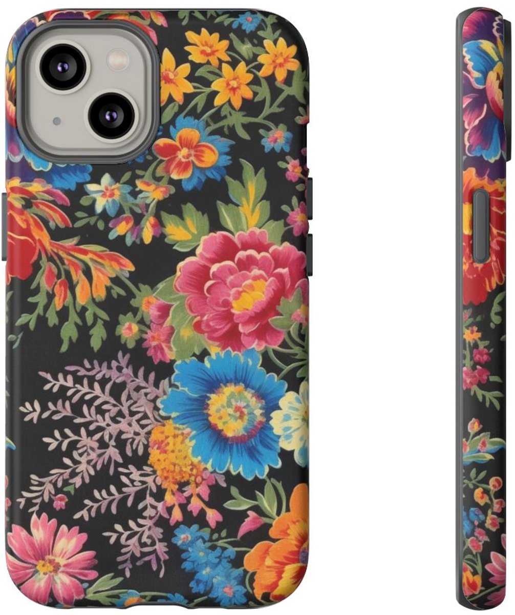 Kleurrijk Bloemenpatroon op Zwarte Achtergrond – Telefoonhoesje Geschikt voor iPhone 14