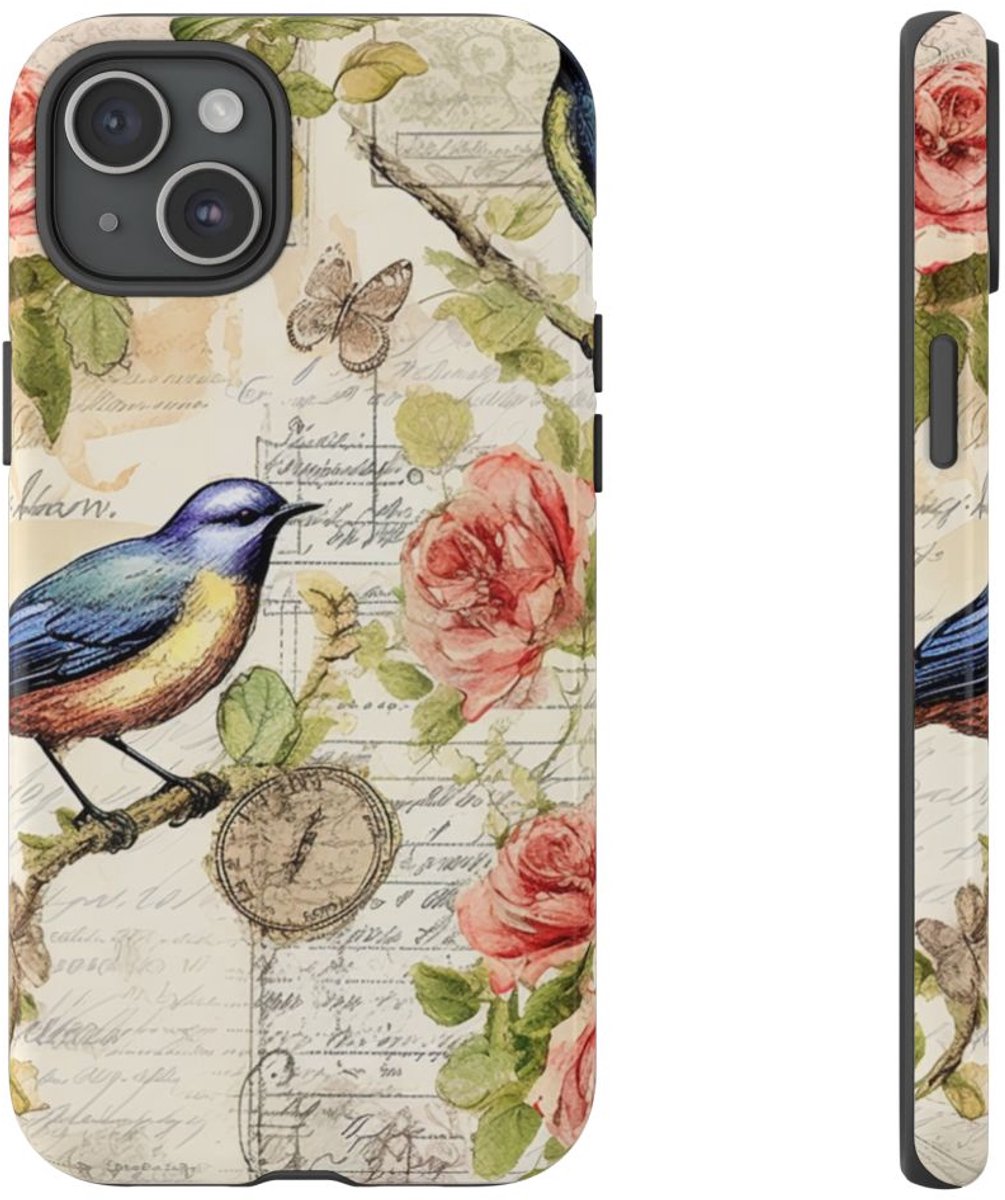 Vintage Blauwe Vogels en Rozenpatroon – Telefoonhoesje Geschikt voor iPhone 15 Plus