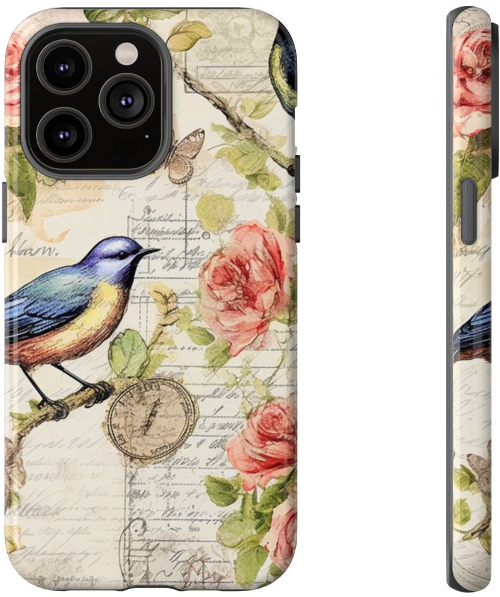 Vintage Blauwe Vogels en Rozenpatroon – Telefoonhoesje Geschikt voor iPhone 14 Pro Max