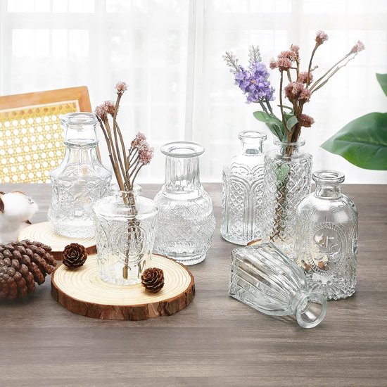 Kleine vazenset, 10 stuks, vintage bloemenvaas, kleine glazen vaas voor tafeldecoratie, vazen, decoratie, verschillende maten, glazen flessen voor tafeldecoratie, middenstukken, bruiloftsdecoraties