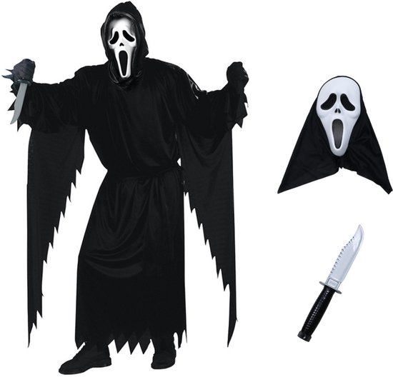 Joya Party® Verkleedkostuum Volwassenen | Compleet met Gewaad, Masker & Mes | Halloween Kostuum Horror | Ghost Geest Outfit Volwassenen | Magare Hein Gewaad | Horror Verkleedkleding Mannen & Vrouwen | Maat M