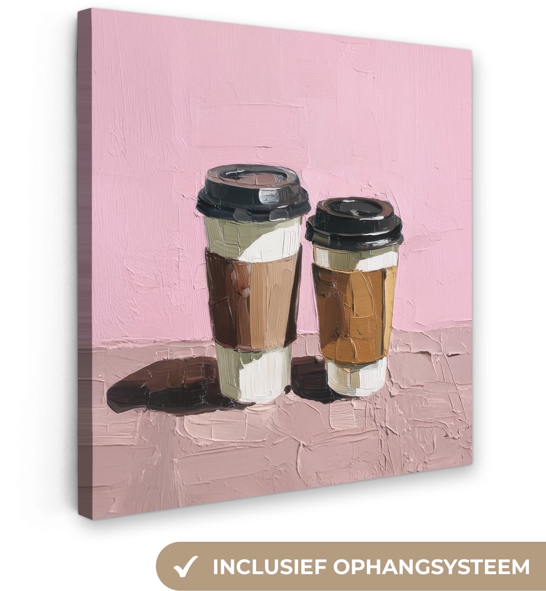 Canvas schilderij 20x20 cm - Exclusieve wanddecoratie Koffiebekers - Deksel - Verf - Textu