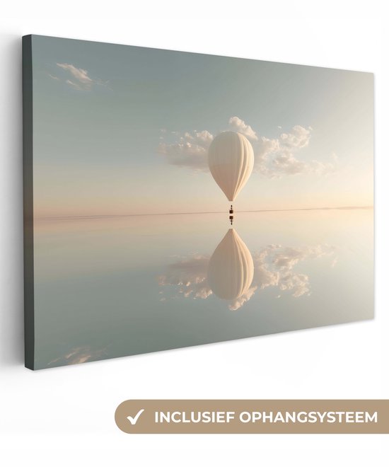 Een schilderij van een witte heteluchtballon die reflecteert op een kalme zee onder een pastelkleurige hemel, met tekst 'inclusief ophangsysteem'.