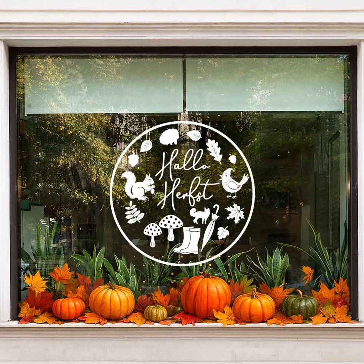 Herbruikbare raamsticker herfst – Hallo Herfst cirkel met herfsticonen - Rood - 50 x 50 cm