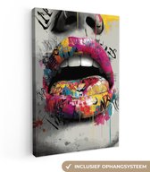 Canvas schilderij 20x30 cm - Wanddecoratie Lippen - Graffiti - Expressief - Muurdecoratie woonkamer - Slaapkamer decoratie - Kamer accessoires - Schilderijen op canvas