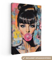 Canvas schilderij 80x120 cm - Wanddecoratie Kauwgom - Vrouw - Penseelstreken - Modern - Muurdecoratie woonkamer - Slaapkamer decoratie - Kamer accessoires - Schilderijen op canvas