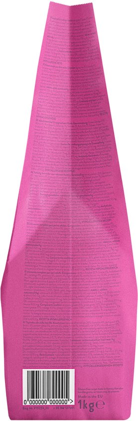 Achterkant van een roze zak Edgard & Cooper hondenvoer, met ingrediëntenlijst en barcode.
