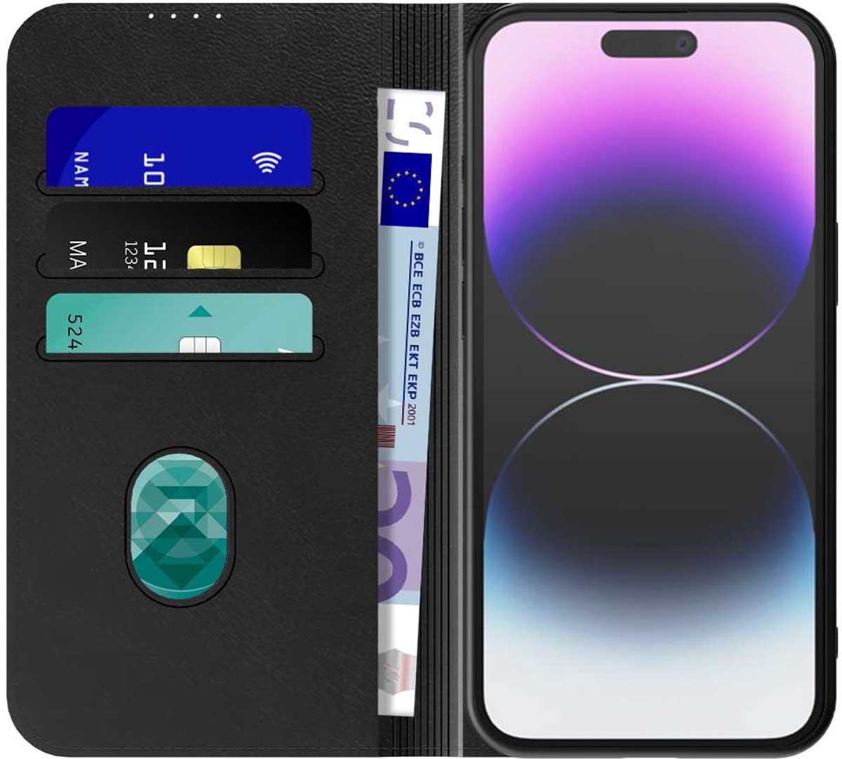 Geschikt voor iPhone 14 Pro Max Telefoonhoesje Zwart Kunstleer Met Magnetische Sluiting - Portemonnee BookCase Met Pasjeshouder - ProtX
