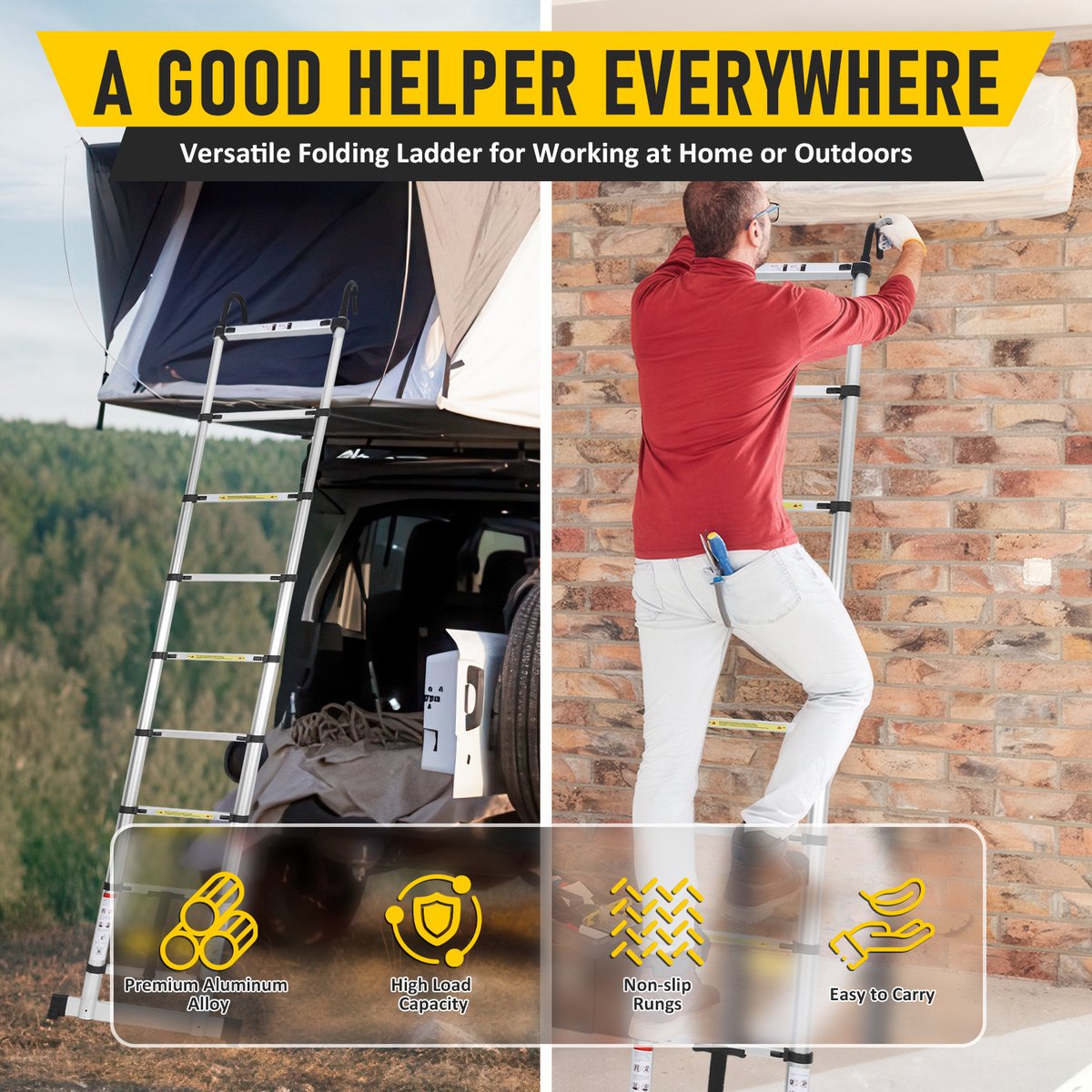 Telescopische Vouwladder - Telescopische Ladders - Werkhoogte 2,6M Zilver - zilverachtig - lichte uittrekbare ladder - met Barre d'équilibre en haken – foto 3