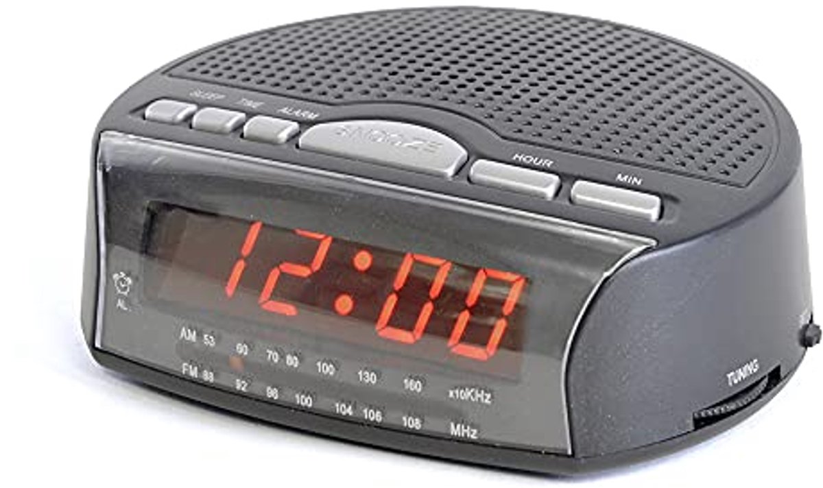 Wekkerradio met buzzalarm en snooze-functie - AM/FM-radio met slaaptimer en roterende volumeregeling - Zwart