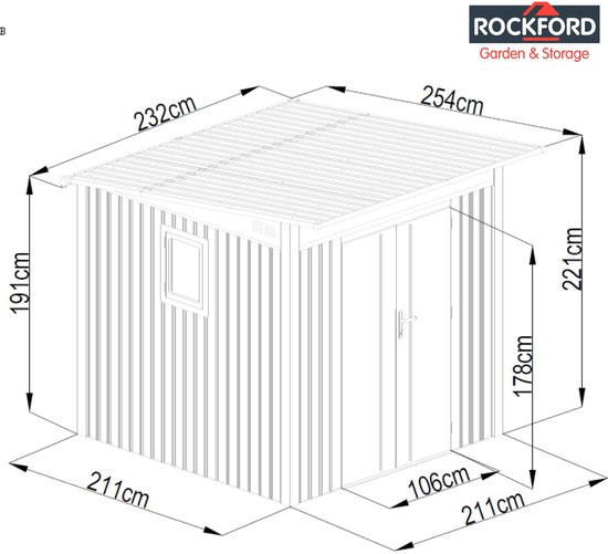 Rockford Porto 200 metalen tuinhuis met lessenaarsdak - Tuinschuur met centraal slot, polycarbonaat ramen en regenpijpen - 232 x 254 cm - Grijs
