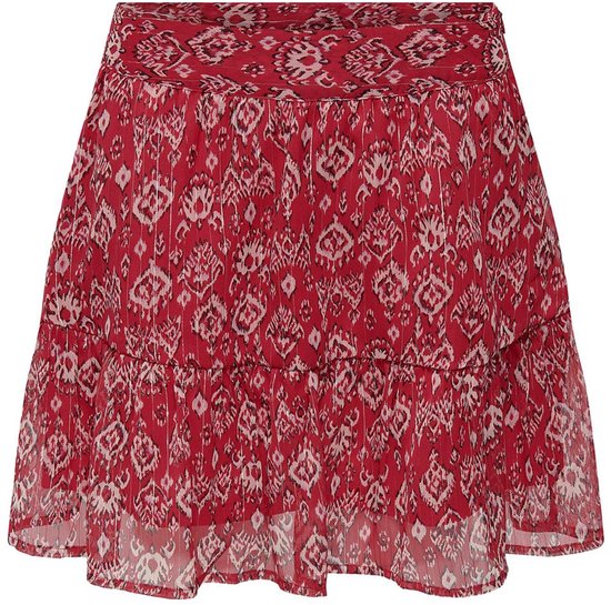 Korte rode rok met een folkloristische print in wit en zwart, met ruches.