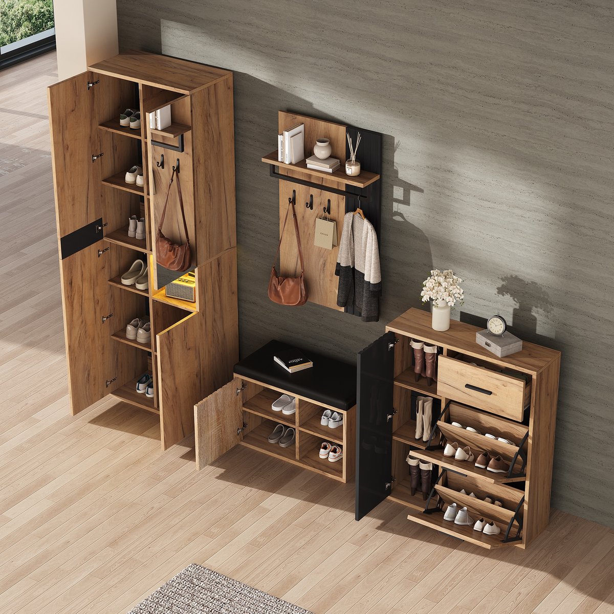 Wandgarderobe set met kapstok - vierdelige set met kast - schoenenkast - schoenenbank en kapstok - houtkleur en zwart - 215x36x190 cm