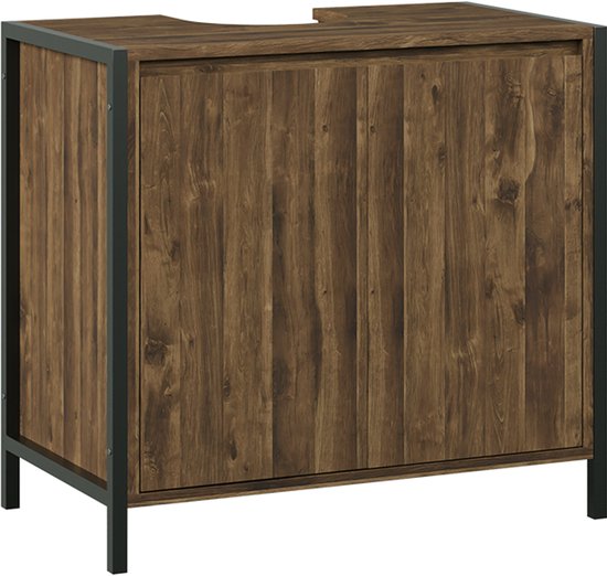 Wastafelonderkast met houten fronten en zwart metalen frame, op witte achtergrond.