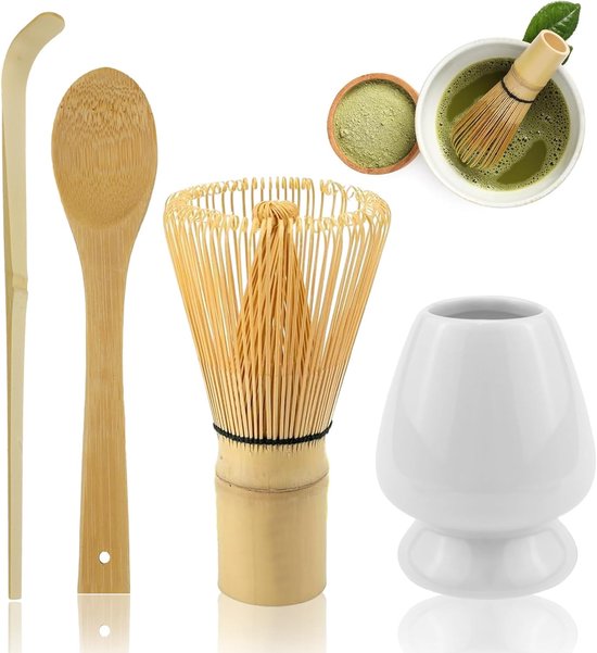 Matcha Theeset, Matcha bezemset met matcha-garde, bezemhouder, matcha-schaal van keramiek, 2 theelepels, Japanse accessoires voor de matcha-ceremonie, perfecte set voor de bereiding, wit