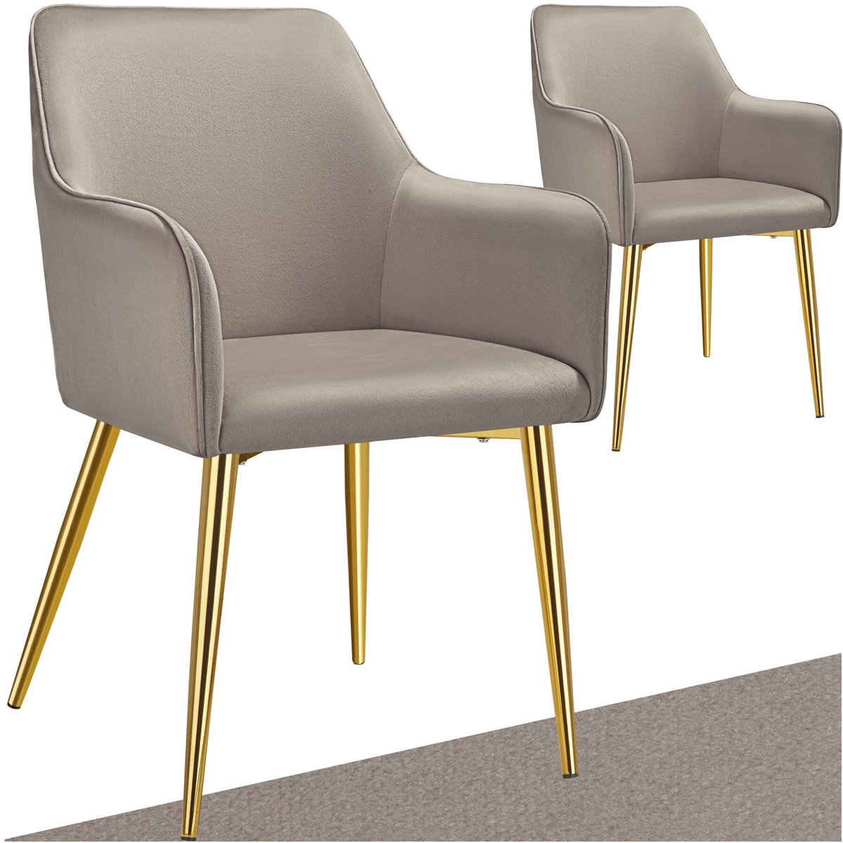 Tectake Eetkamerstoel Avane - Fluweellook - Gestoffeerde stoel met ergonomische armleuningen - Slanke stalen gouden poten - Draagkracht 120 kg - Comfortabele eetkamer- en keukenstoel - Set van 2 - Taupe