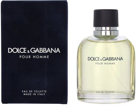Dolce & Gabbana Pour Homme Eau de Toilette spray met een donkerblauwe doos, gemaakt in Italië.