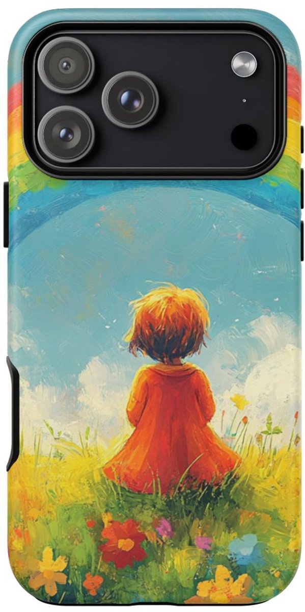 Kind met Regenboog en Bloemen – Telefoonhoesje Geschikt voor iPhone 17 Pro Max