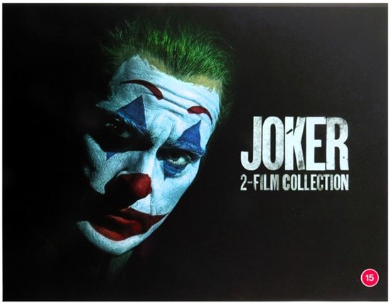 Joker 2-filmcollectie met een close-up van het gezicht van de Joker met make-up en groen haar.
