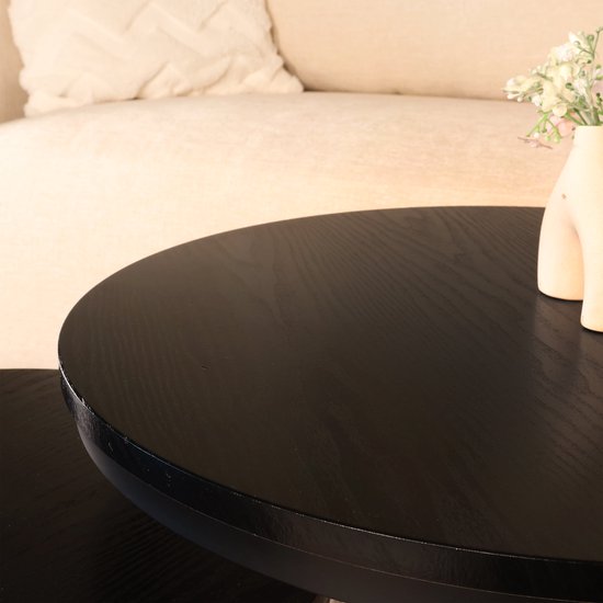 Zwart rond tafelblad met zichtbare houtnerf.