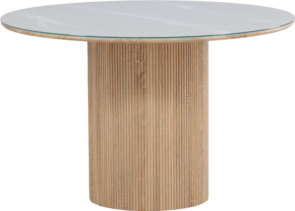Nest living Maurits Eettafel Met Glazen Tafelblad Bruin - Eetkamer - Rond - Groot - 6 Persoons - Japandi - Scandinavisch - Ø120 cm