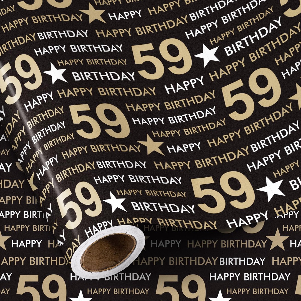 Verjaardagsinpakpapierrol voor mannen en vrouwen - mini-rol - 59 Happy Birthday cadeaupapier, zwarte en gouden ster inpakpapier voor 59e verjaardag, feest of andere vieringen - 43,2 cm x 5 m