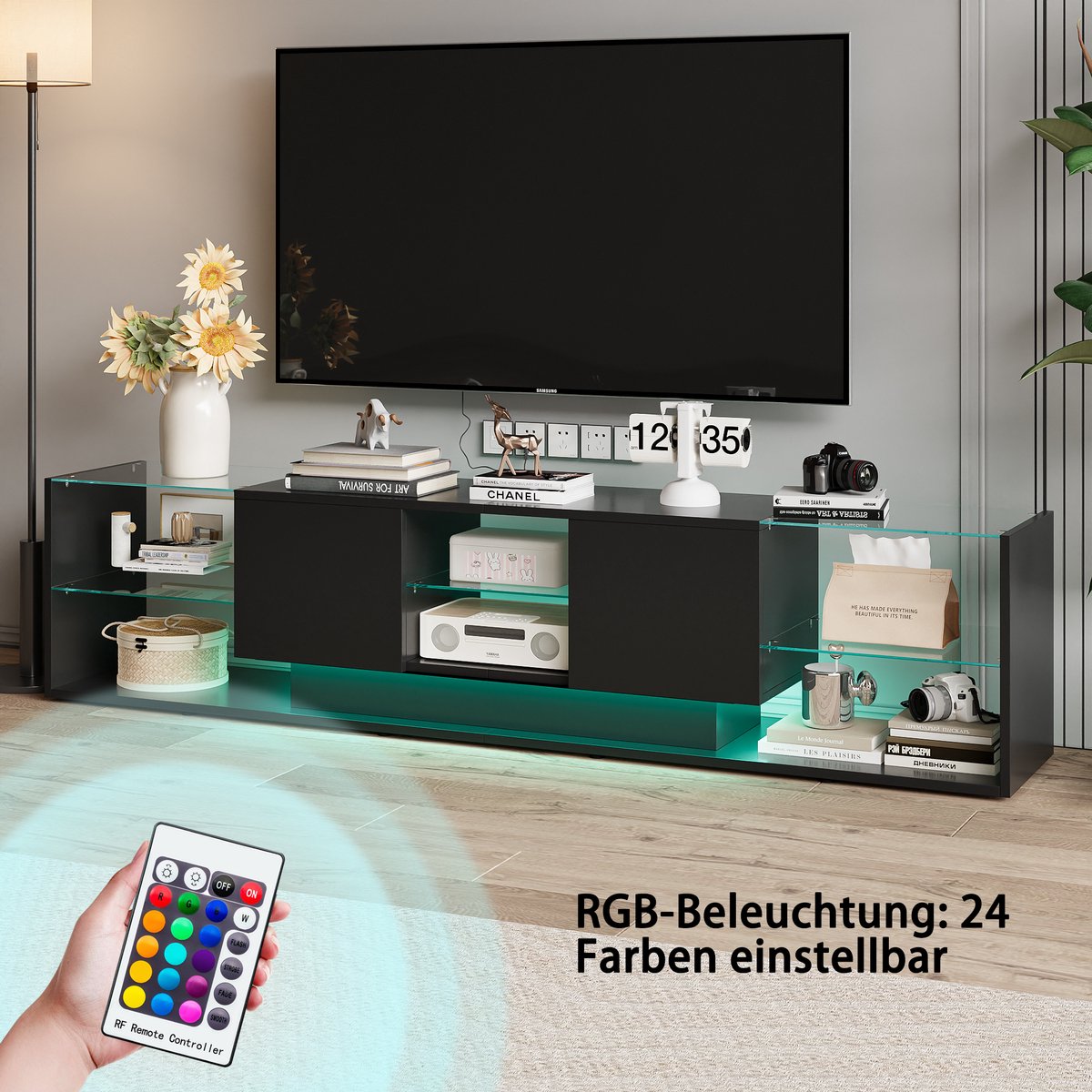 Zwarte Glanzende TV-kast - Slimme LED-verlichting, 3 Planken en 2 Laden, Modern TV-meubel voor de Woonkamer, 200 x 35 x 45 cm